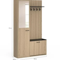 Meuble d’entrée vestiaire effet bois et noir avec banc rangement à chaussures, miroir 1 porte et étagères*IDMarket New