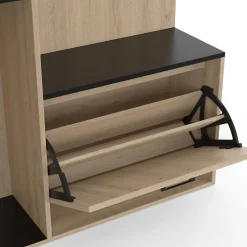 Meuble d’entrée vestiaire effet bois et noir avec banc rangement à chaussures, miroir 1 porte et étagères*IDMarket New