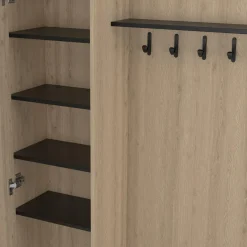 Meuble d’entrée vestiaire effet bois et noir avec banc rangement à chaussures, miroir 1 porte et étagères*IDMarket New