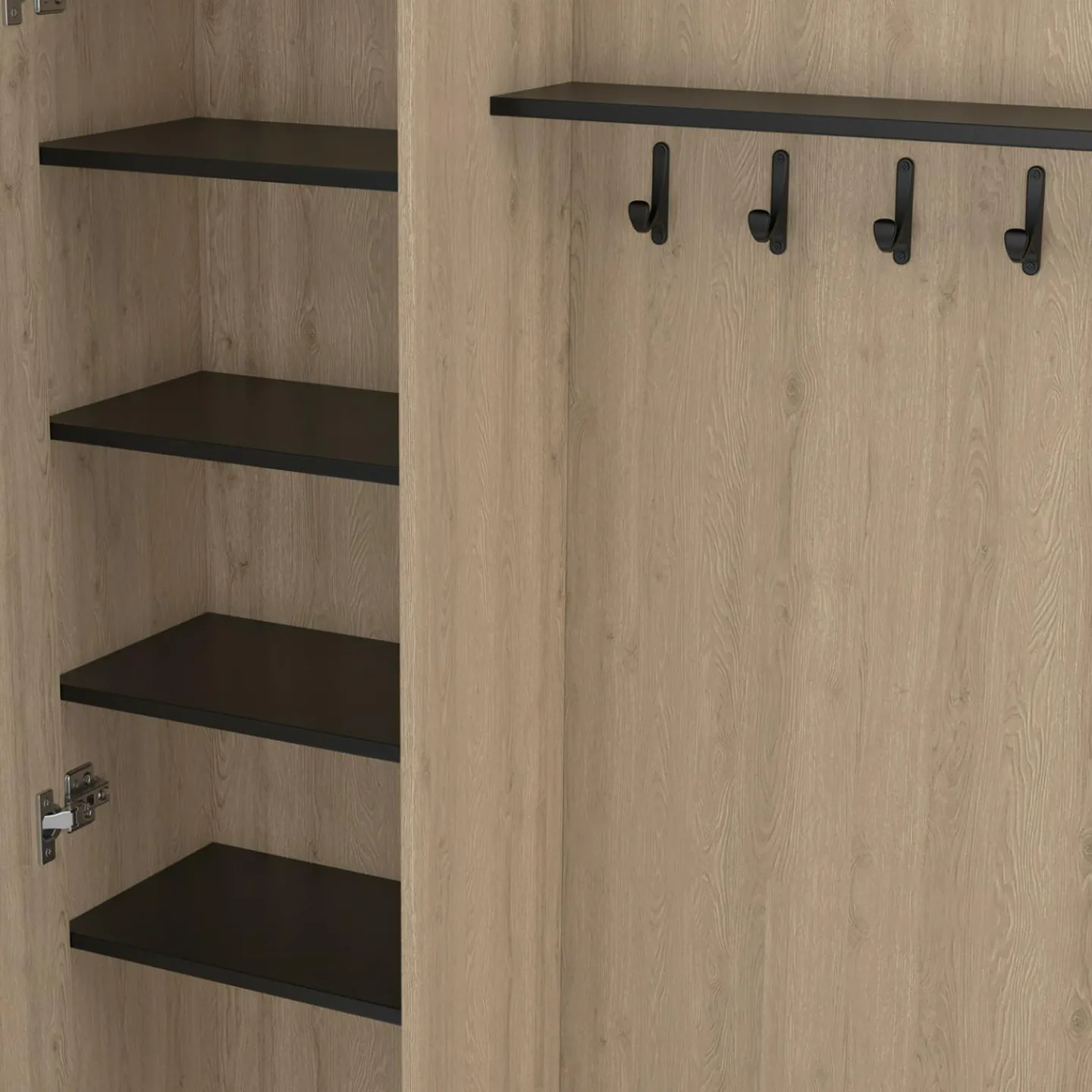 Meuble d’entrée vestiaire effet bois et noir avec banc rangement à chaussures, miroir 1 porte et étagères*IDMarket New