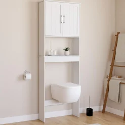 Meuble pour les toilettes avec étagère et placard double blanc*IDMarket