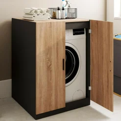 Meuble pour machine à laver avec portes noir et hêtre*IDMarket New