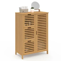 Meuble salle de bain en bambou avec placard et 3 tiroirs*IDMarket Hot