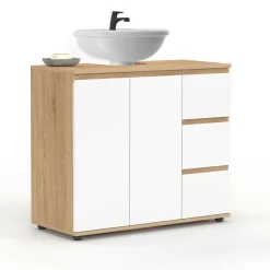 Meuble sous lavabo salle de bain avec placard et 3 tiroirs façon hêtre et blanc*IDMarket Best