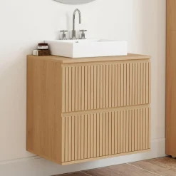 Meuble sous vasque suspendu salle de bain 2 tiroirs effet lattes*IDMarket Outlet
