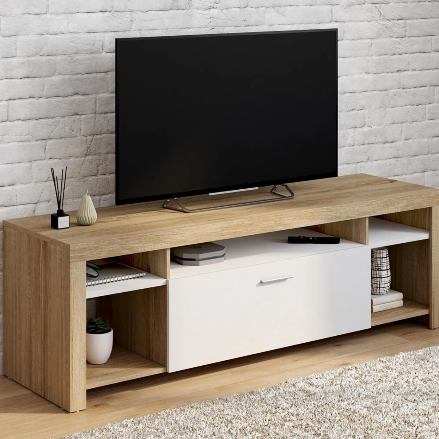 Meuble télé 140 cm bois et placard blanc*IDMarket New