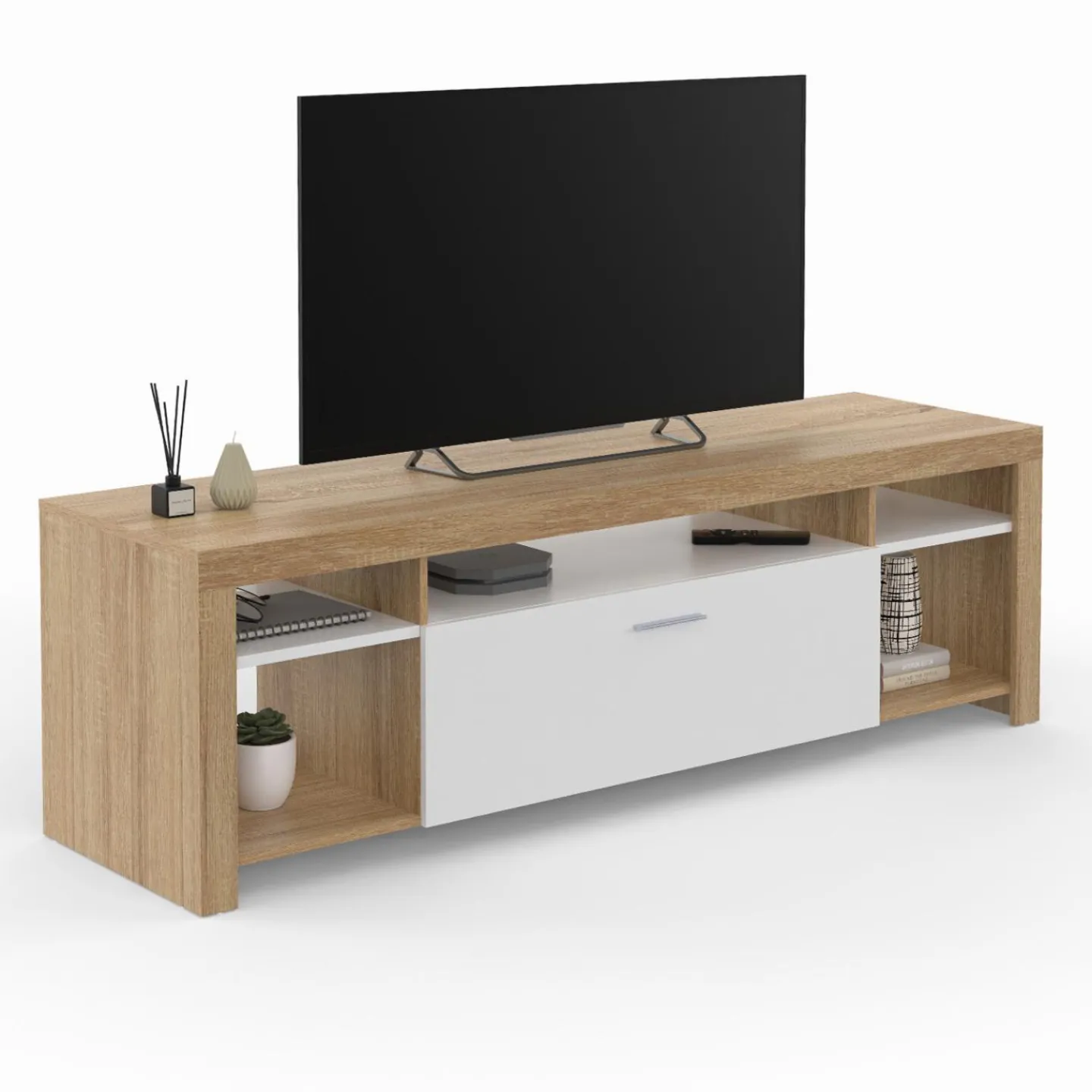 Meuble télé 140 cm bois et placard blanc*IDMarket New