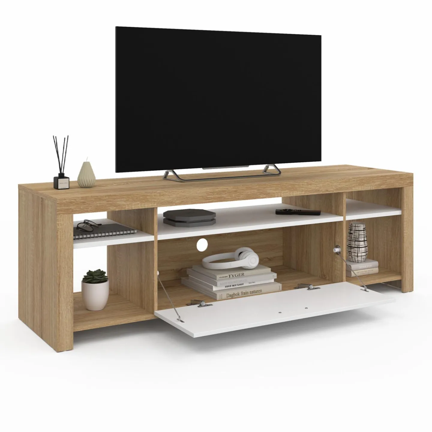 Meuble télé 140 cm bois et placard blanc*IDMarket New