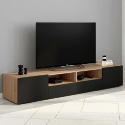 Meuble télé 180 cm noir et bois façon hêtre avec rangement*IDMarket Best