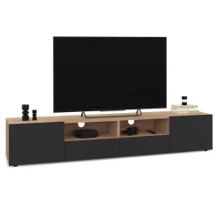 Meuble télé 180 cm noir et bois façon hêtre avec rangement*IDMarket Best