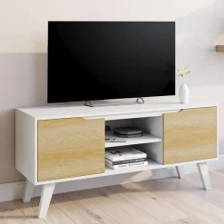 Meuble télé bois blanc 2 portes façon hêtre 110 cm*IDMarket Outlet