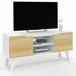 Meuble télé bois blanc 2 portes façon hêtre 110 cm*IDMarket Outlet