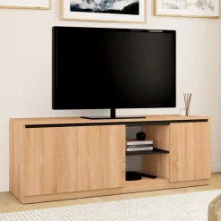 Meuble télé bois façon hêtre et noir 140 cm 3 portes*IDMarket Sale