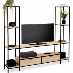 Meuble télé bois métal avec étagères et tiroirs*IDMarket Online