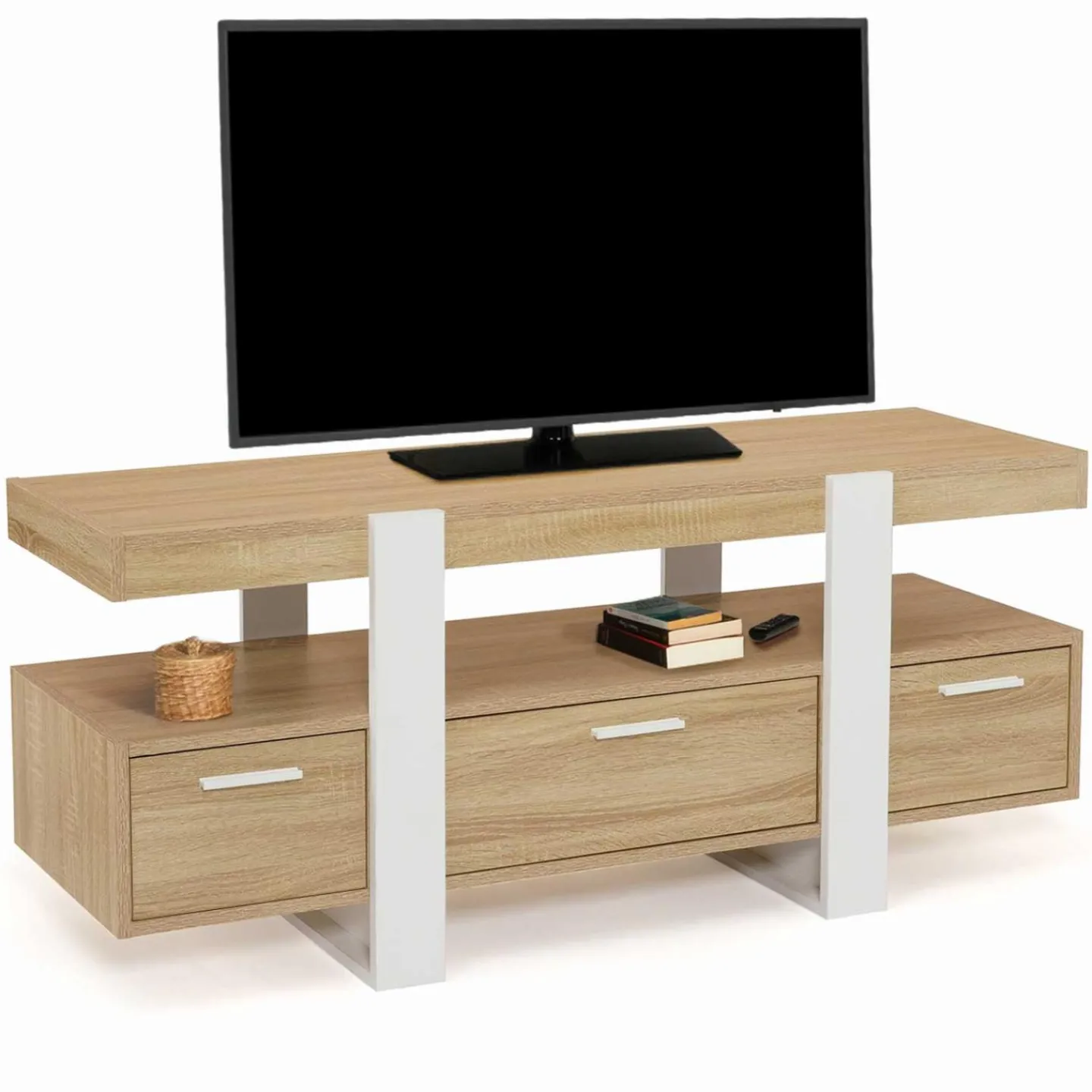 Meuble télé design blanc et bois avec tiroirs*IDMarket Outlet