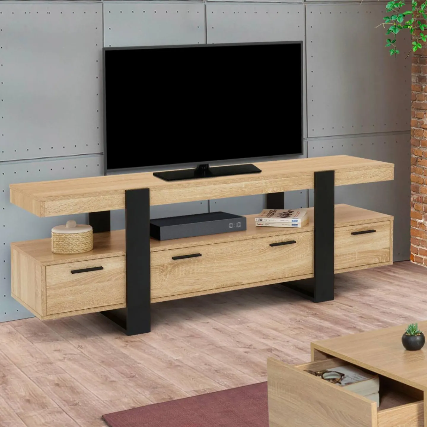 Meuble télé noir et bois 140 cm avec 3 tiroirs*IDMarket Online