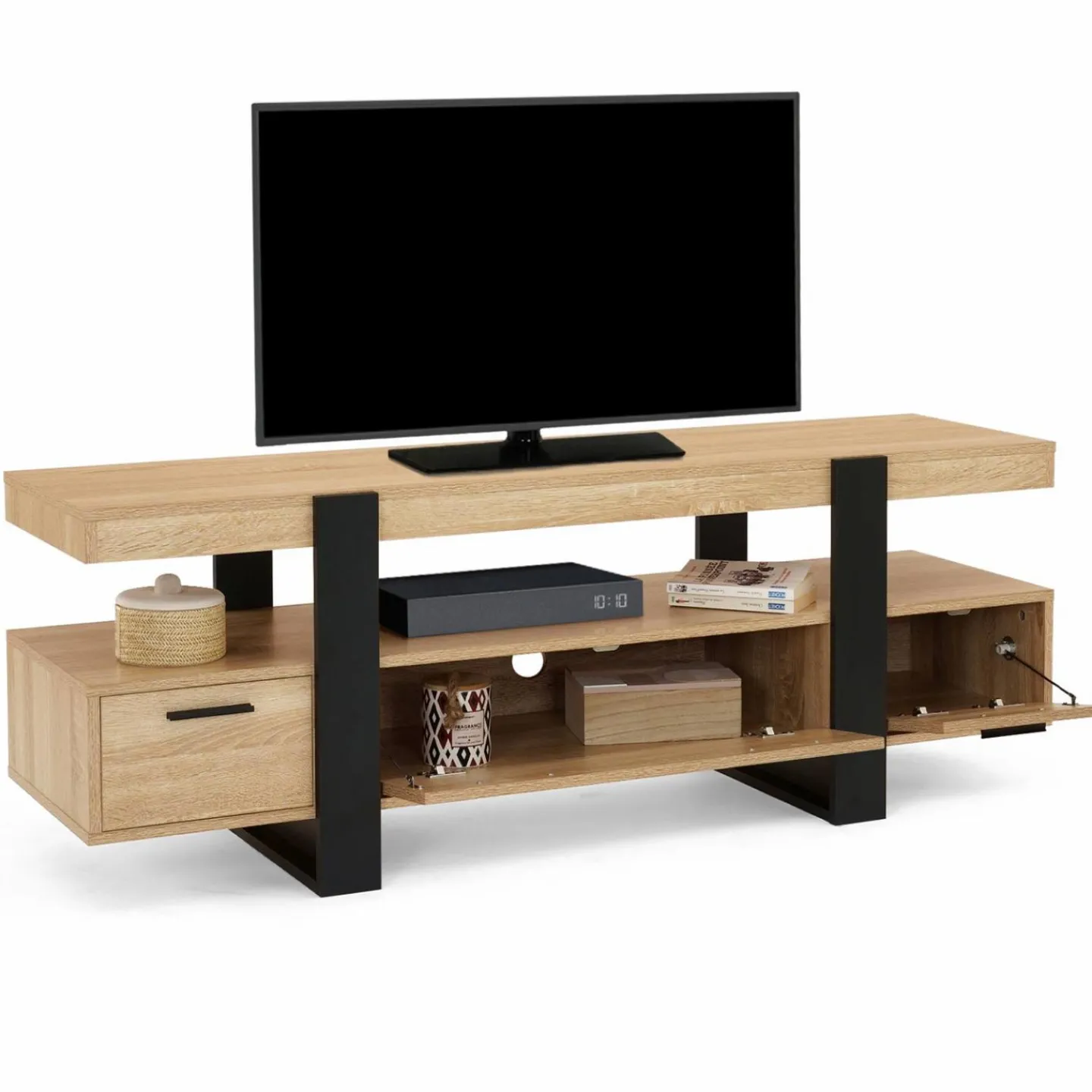 Meuble télé noir et bois 140 cm avec 3 tiroirs*IDMarket Online