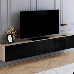 Meuble télé suspendu noir et bois 180 cm*IDMarket New