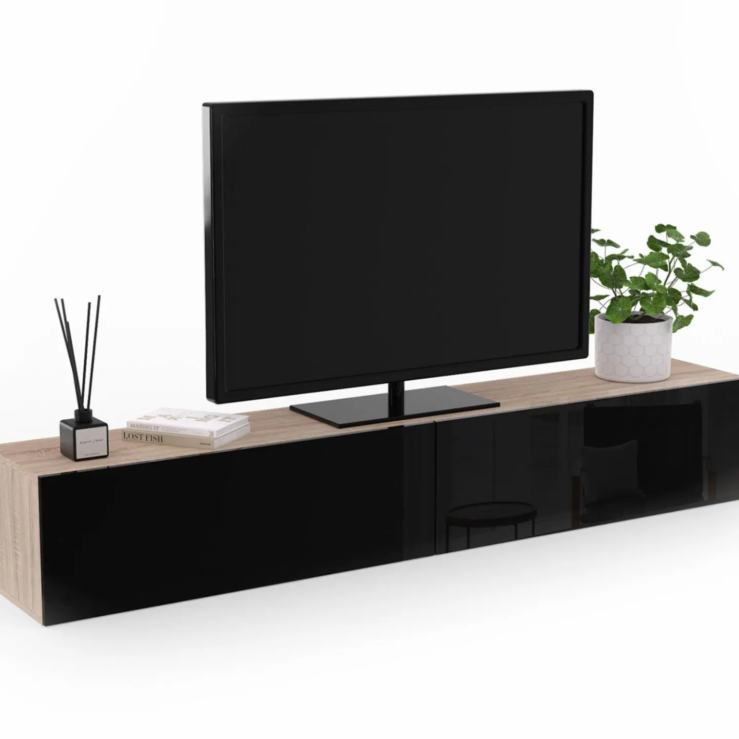 Meuble télé suspendu noir et bois 180 cm*IDMarket New