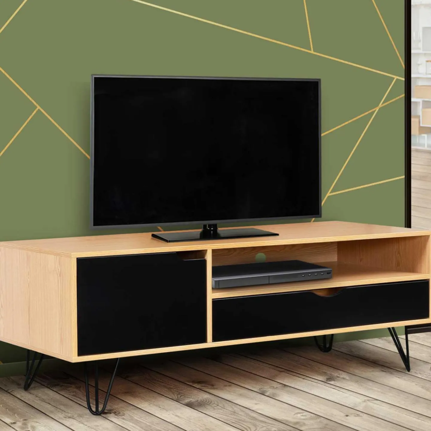 Meuble télé vintage pieds épingles bois et noir*IDMarket Clearance