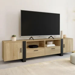Meuble TV 200 cm 2 portes 2 tiroirs bois et noir*IDMarket Best