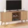 Meuble TV 110 cm avec 2 portes effet lattes tasseau bois*IDMarket Sale