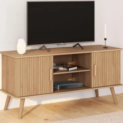 Meuble TV 110 cm avec 2 portes effet lattes tasseau bois*IDMarket Sale