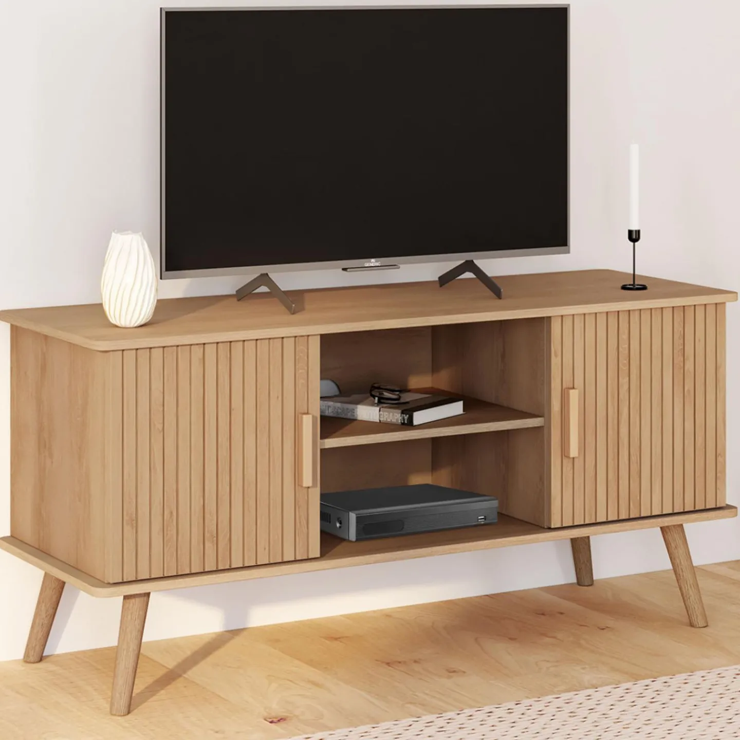 Meuble TV 110 cm avec 2 portes effet lattes tasseau bois*IDMarket Sale