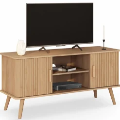 Meuble TV 110 cm avec 2 portes effet lattes tasseau bois*IDMarket Sale