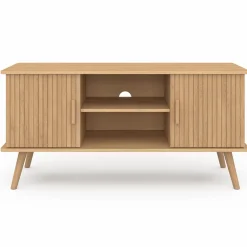 Meuble TV 110 cm avec 2 portes effet lattes tasseau bois*IDMarket Sale