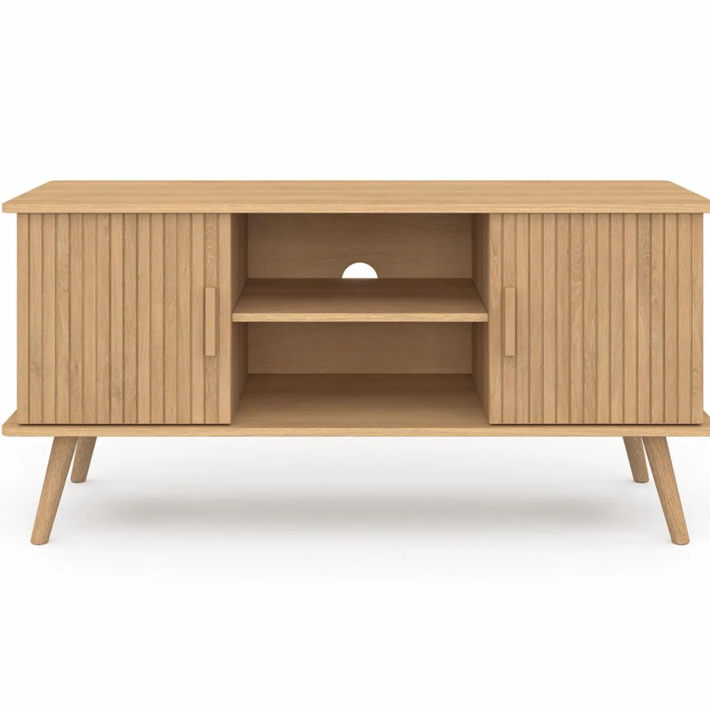 Meuble TV 110 cm avec 2 portes effet lattes tasseau bois*IDMarket Sale