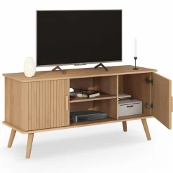 Meuble TV 110 cm avec 2 portes effet lattes tasseau bois*IDMarket Sale