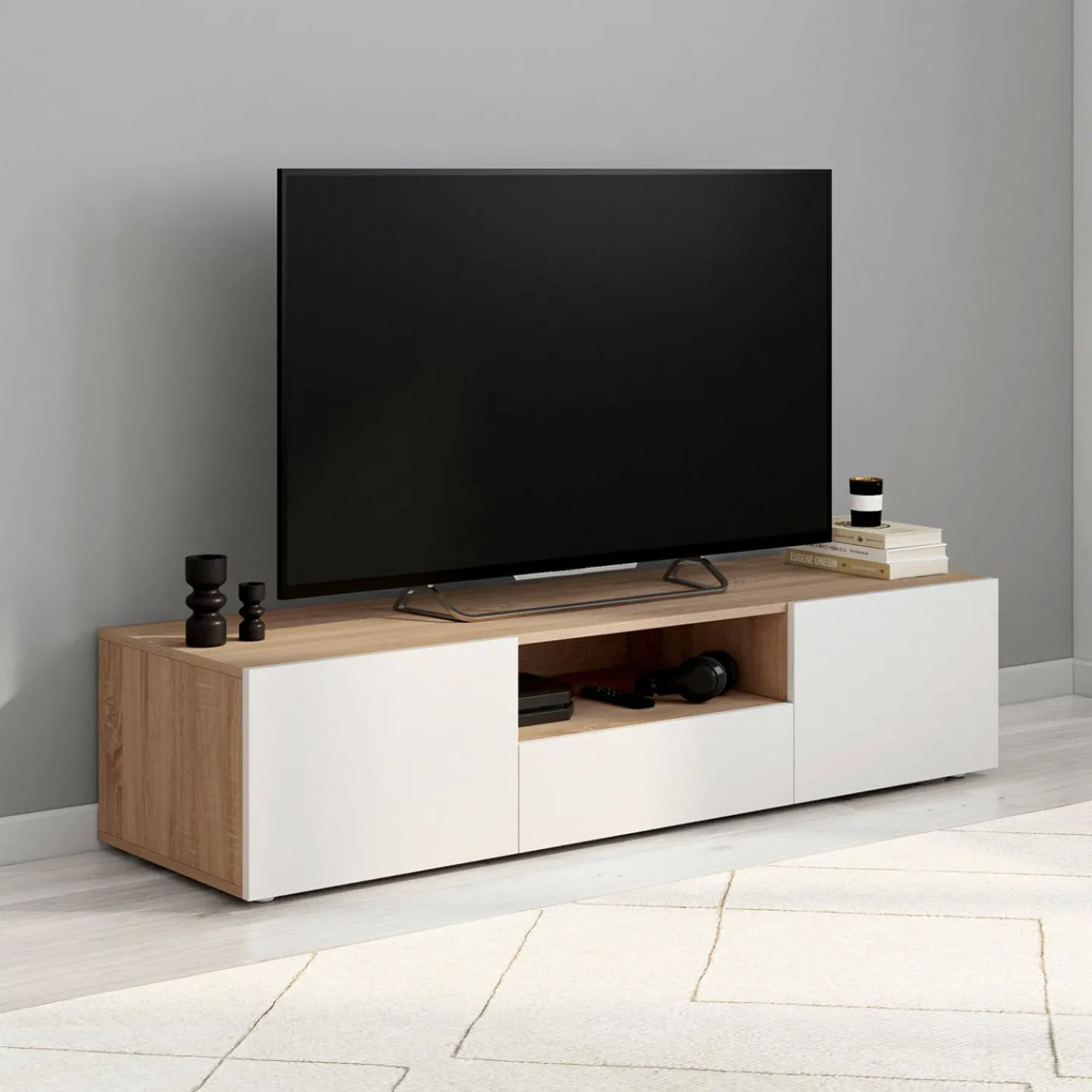 Meuble TV 140 cm bois façon hêtre portes blanches*IDMarket Sale