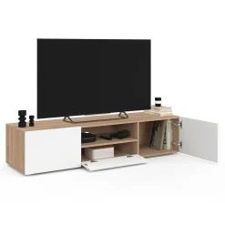 Meuble TV 140 cm bois façon hêtre portes blanches*IDMarket Sale