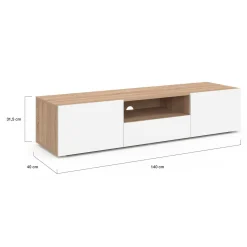 Meuble TV 140 cm bois façon hêtre portes blanches*IDMarket Sale