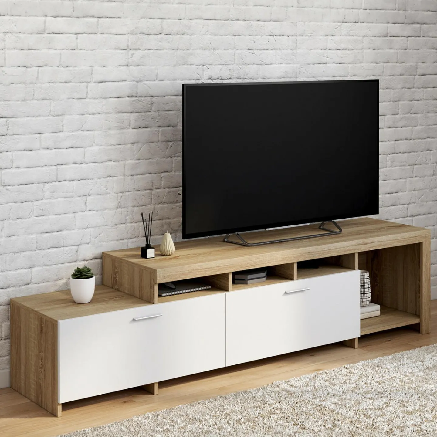 Meuble tv 180 cm bois placards blancs*IDMarket Sale