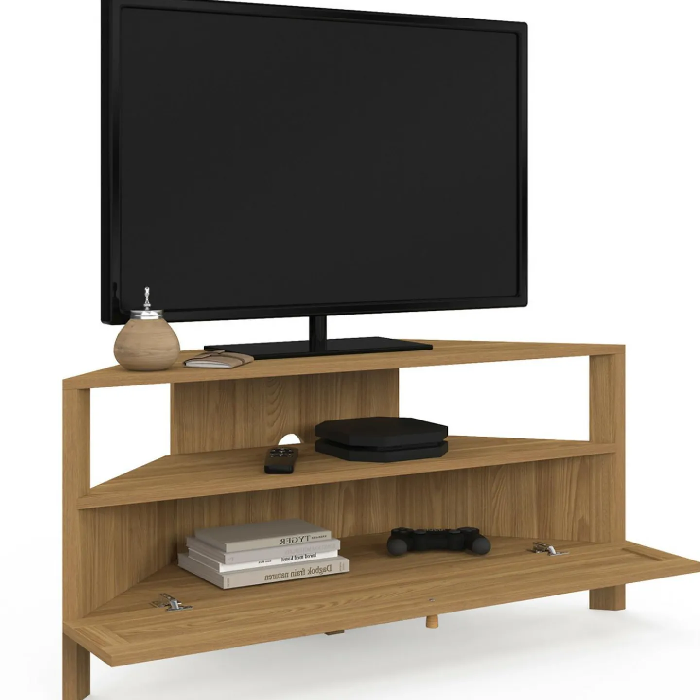 Meuble TV 100 cm d'angle 1 porte effet naturel cannage*IDMarket Sale