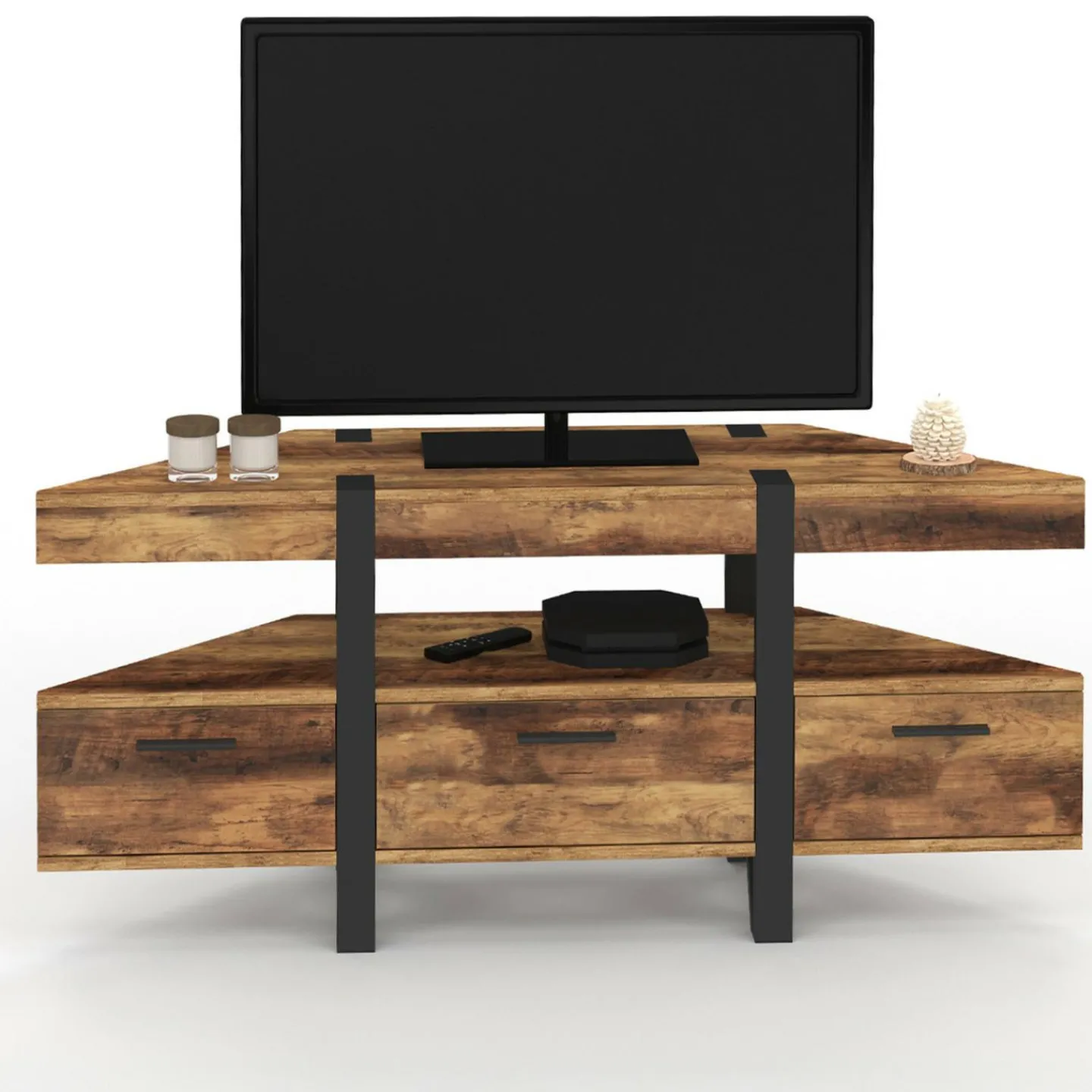 Meuble TV 110 cm d'angle bois pied épingle avec tiroirs*IDMarket Outlet
