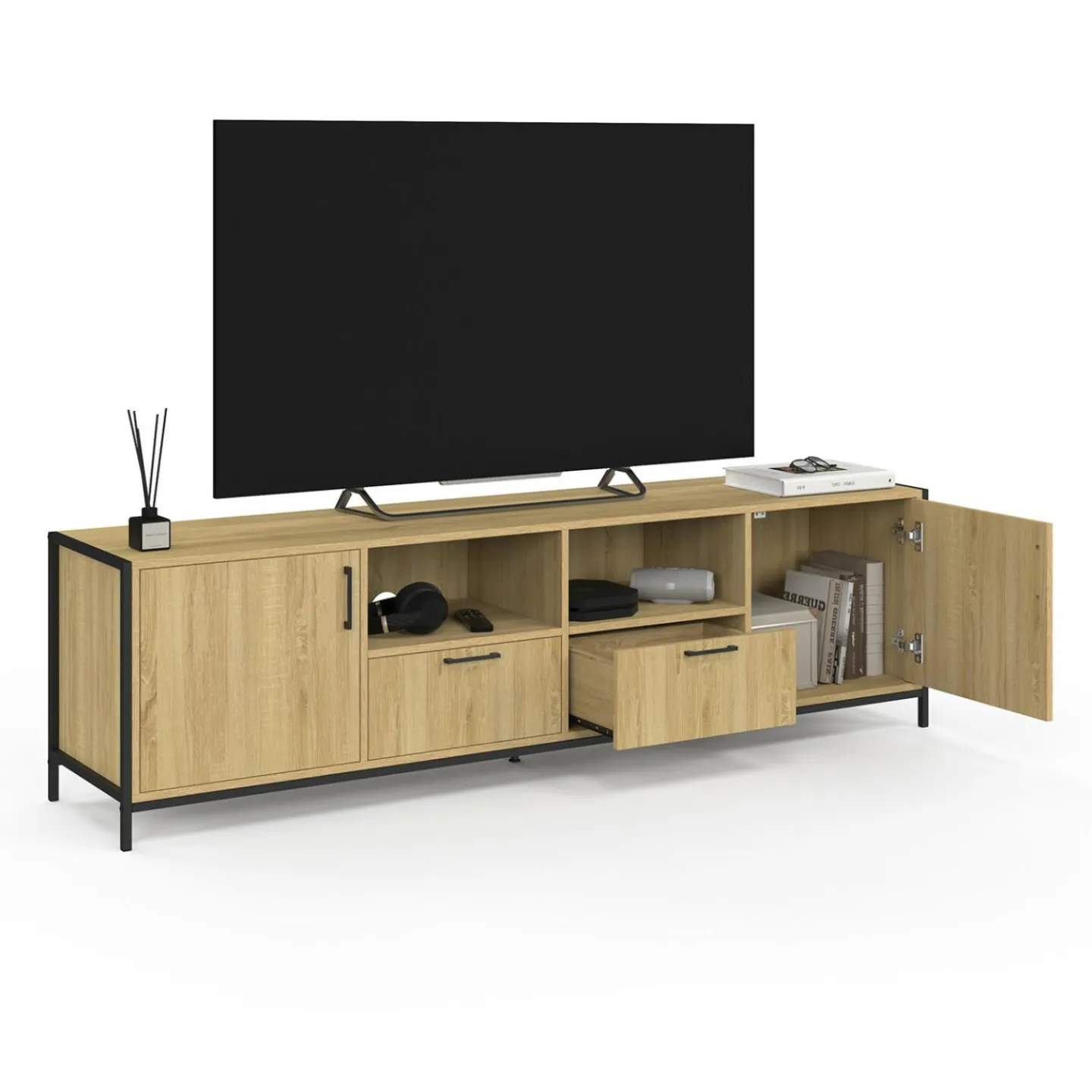 Meuble TV 180 cm design industriel 2 portes 2 tiroirs*IDMarket Discount