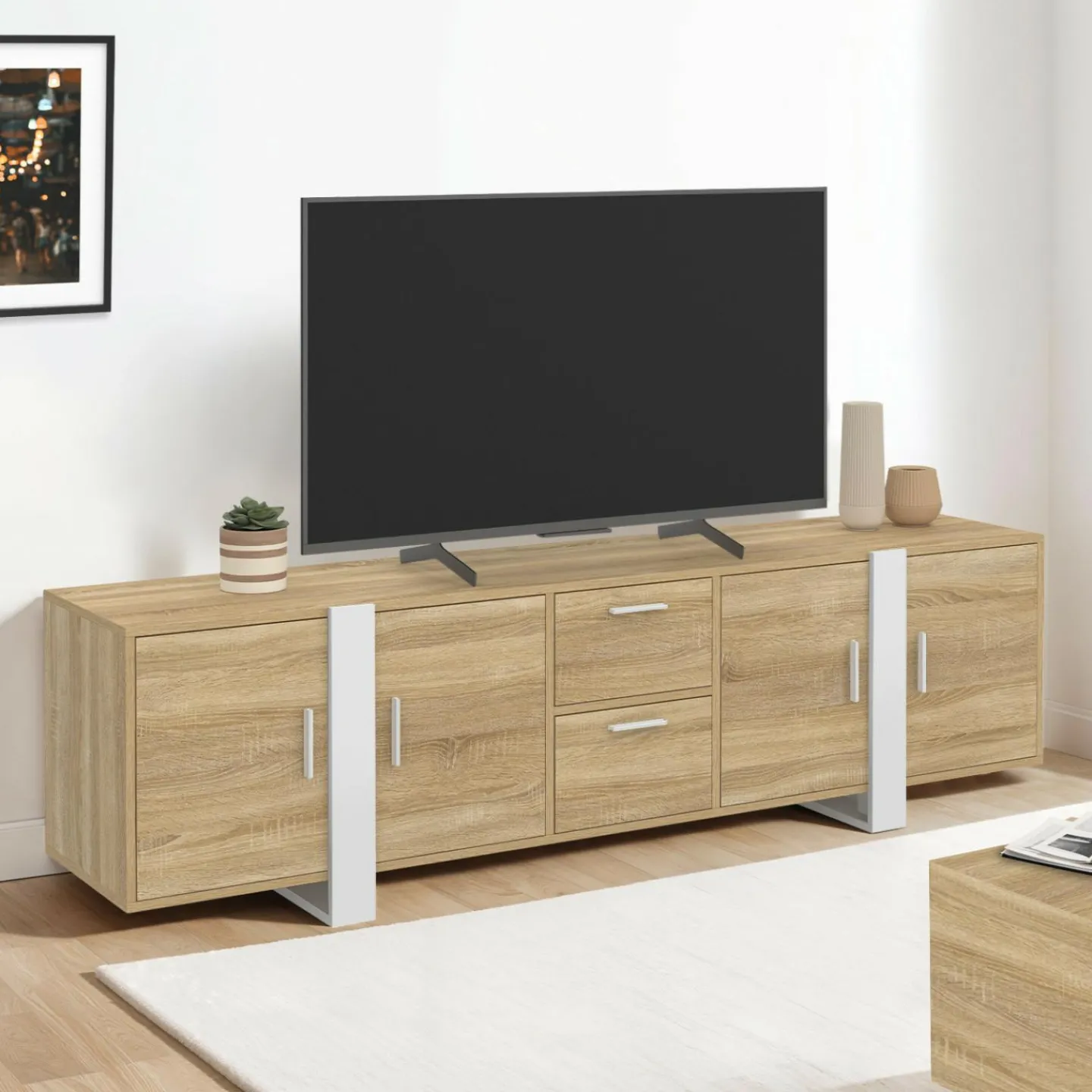 Meuble TV 180 cm PHOENIX 4 portes + 2 tiroirs bois et blanc*IDMarket Discount
