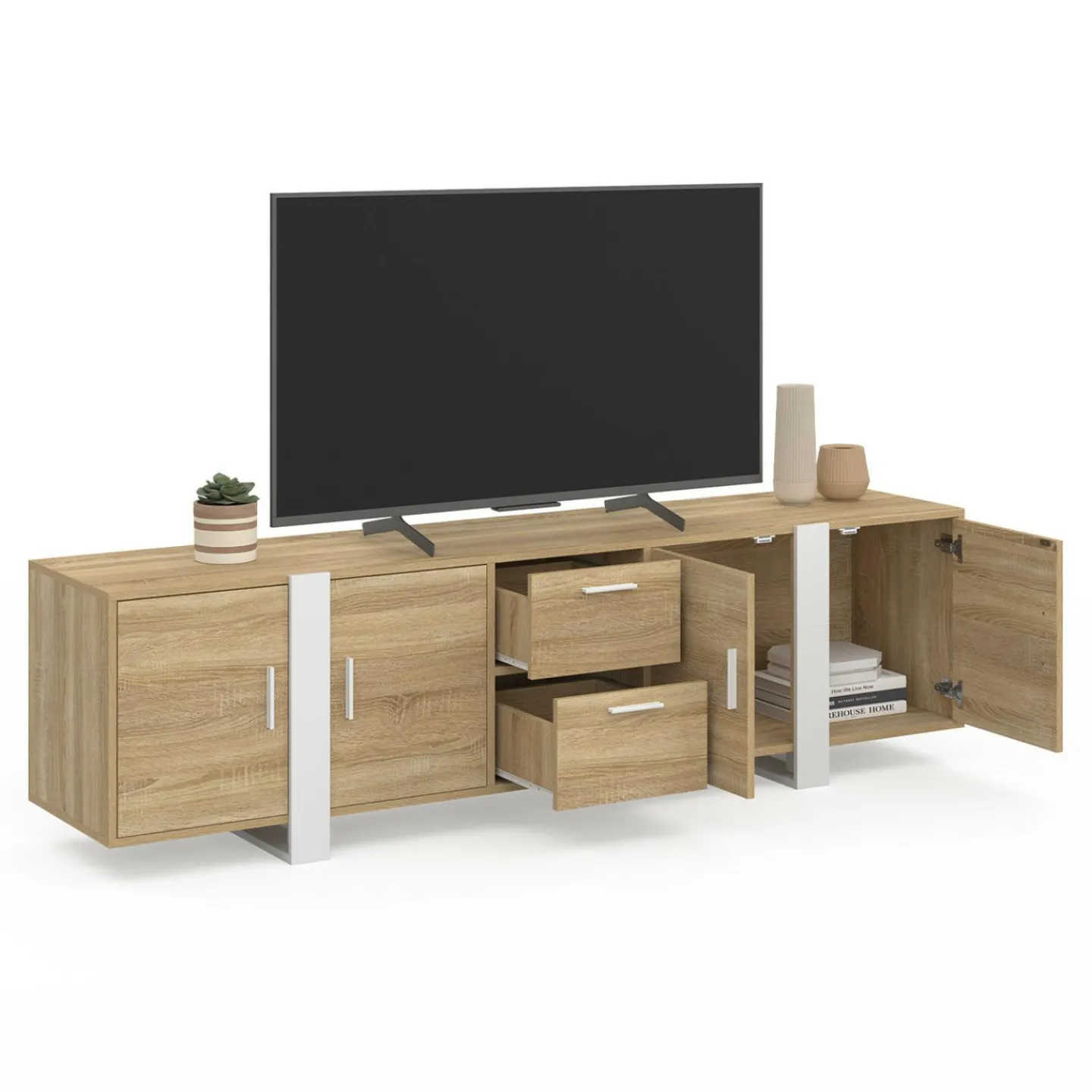 Meuble TV 180 cm PHOENIX 4 portes + 2 tiroirs bois et blanc*IDMarket Discount