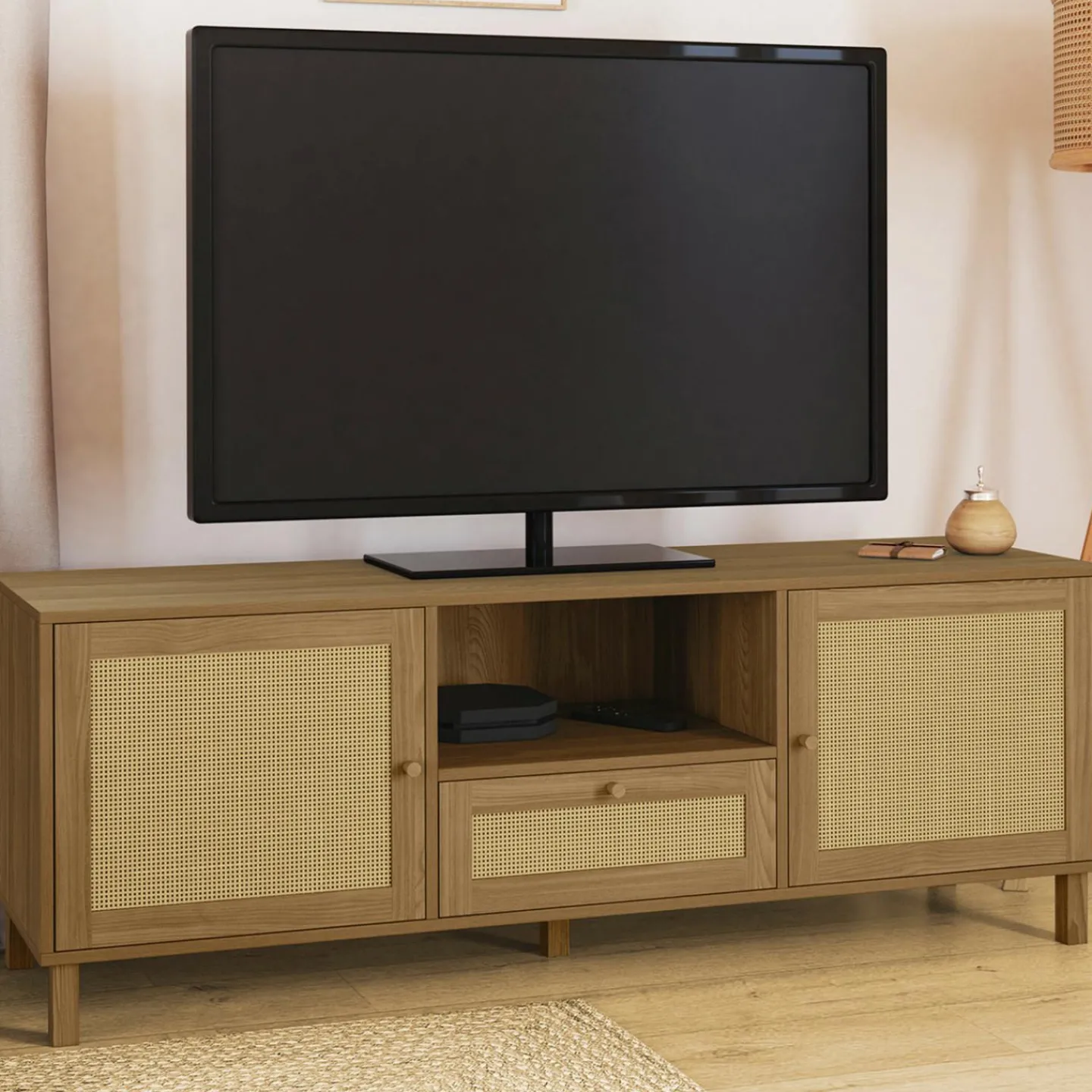 Meuble TV 140 cm vintage 3 portes effet naturel cannage*IDMarket Hot