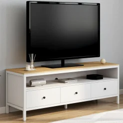 Meuble TV 3 tiroirs blanc et plateau bois 140 cm*IDMarket Outlet