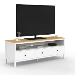 Meuble TV 3 tiroirs blanc et plateau bois 140 cm*IDMarket Outlet