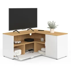 Meuble TV 90 x 90 cm d'angle façon hêtre et blanc*IDMarket