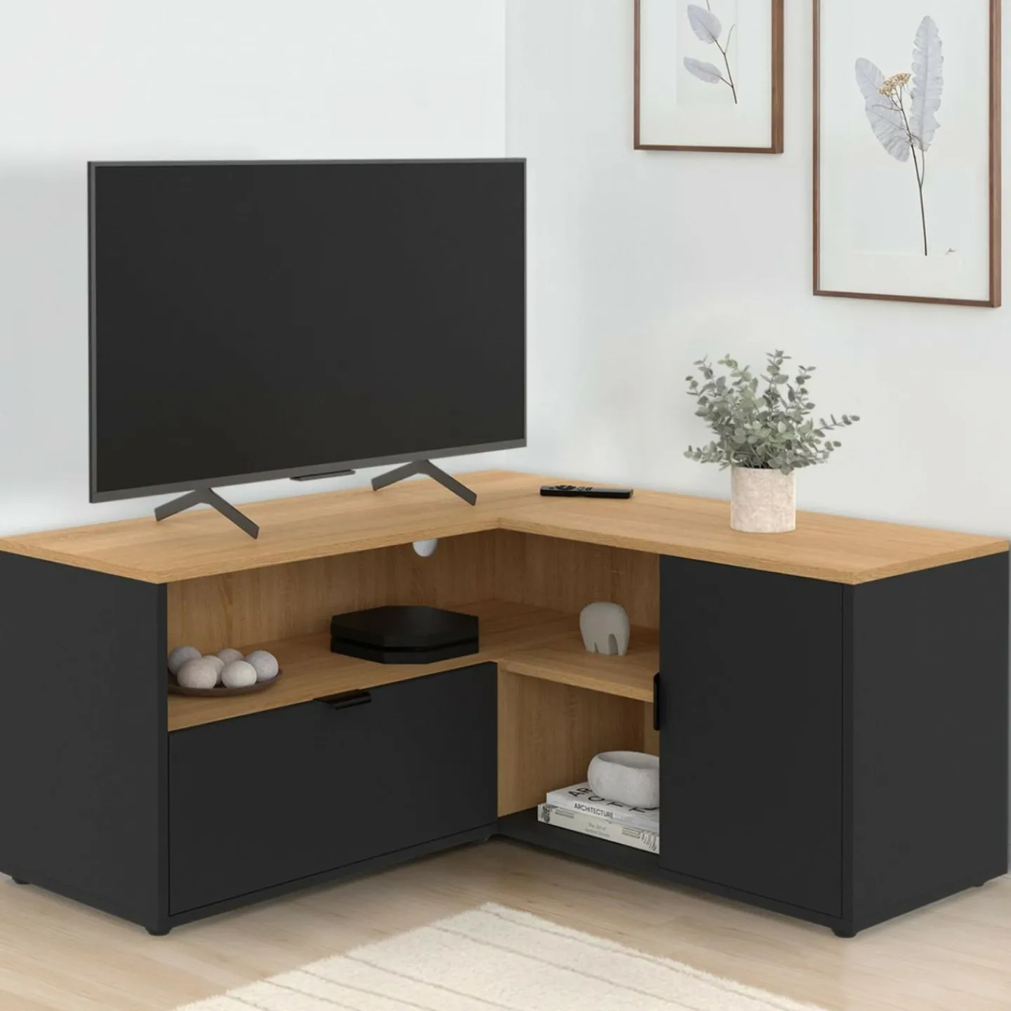 Meuble TV 90 x 90 cm d'angle façon hêtre et noir*IDMarket Clearance