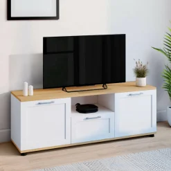 Meuble TV blanc et bois 110 cm avec tiroir et niche*IDMarket Online