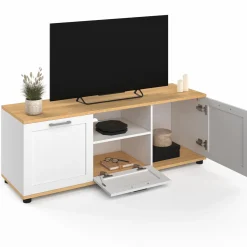 Meuble TV blanc et bois 110 cm avec tiroir et niche*IDMarket Online