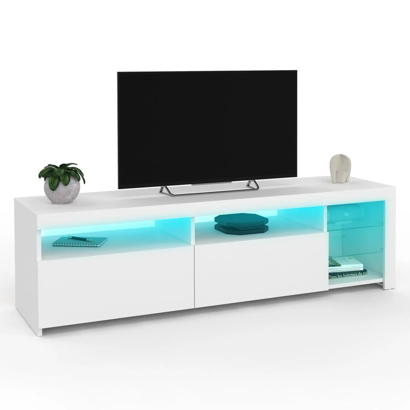 Meuble TV blanc laqué avec étagères en verre et LED*IDMarket Hot