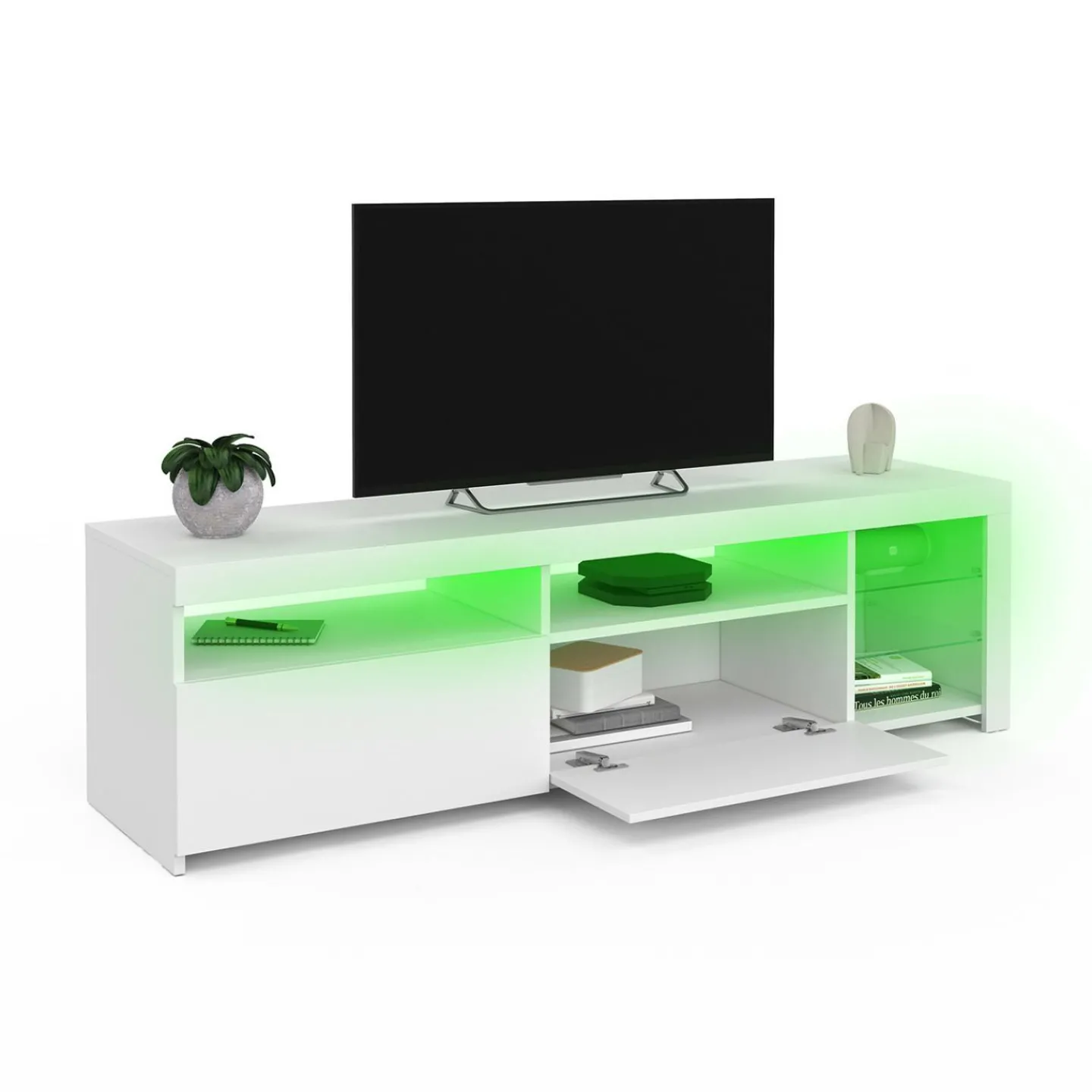 Meuble TV blanc laqué avec étagères en verre et LED*IDMarket Hot